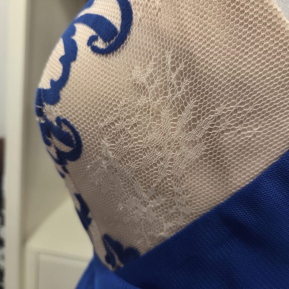 Blondie Nites Royal Blue & Cream Halter Style Neckline Fit & Flare Chiffon Mini - Picture 5 of 10